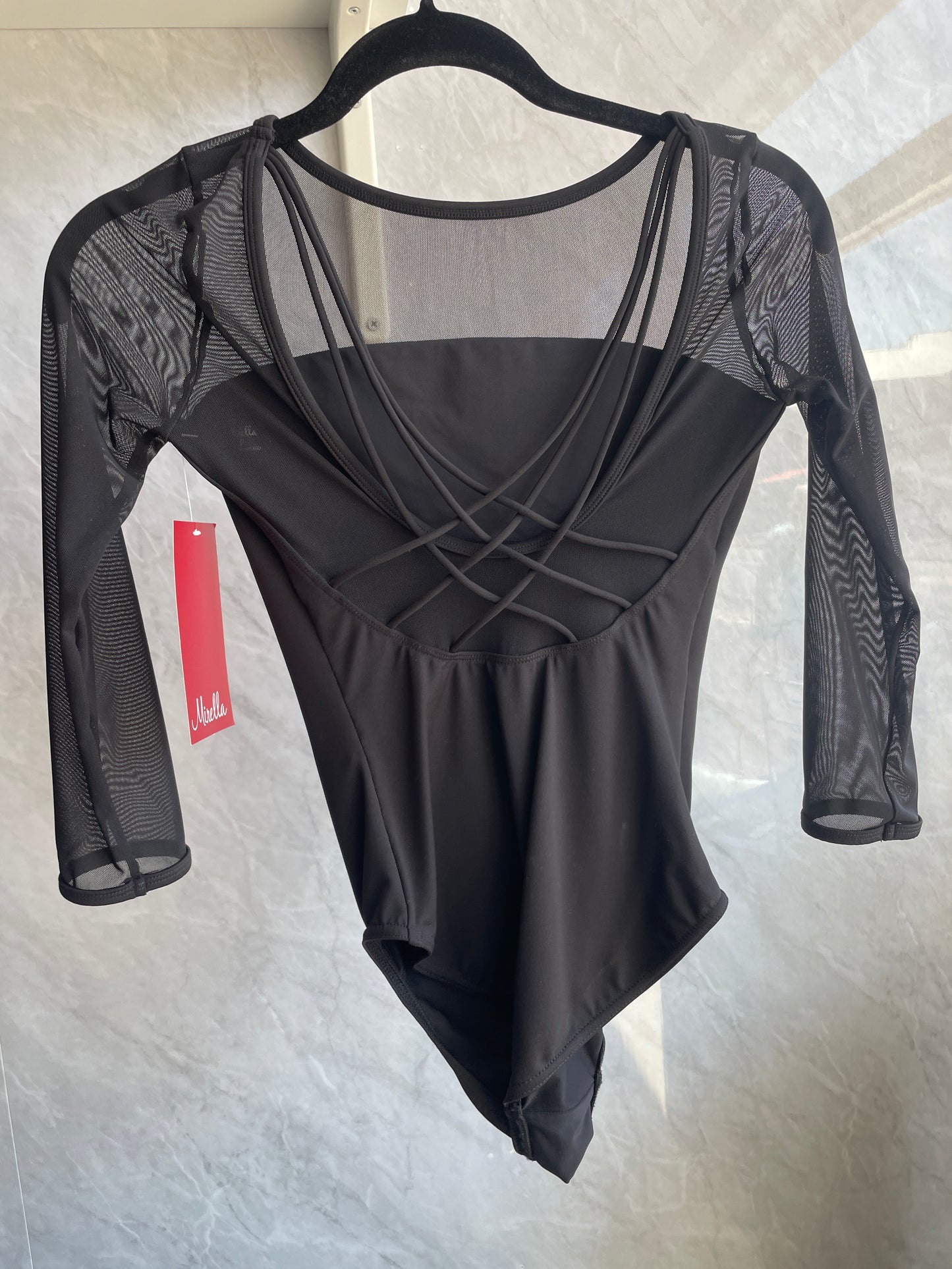 Low back cross strap 3/4 sleeve leotard