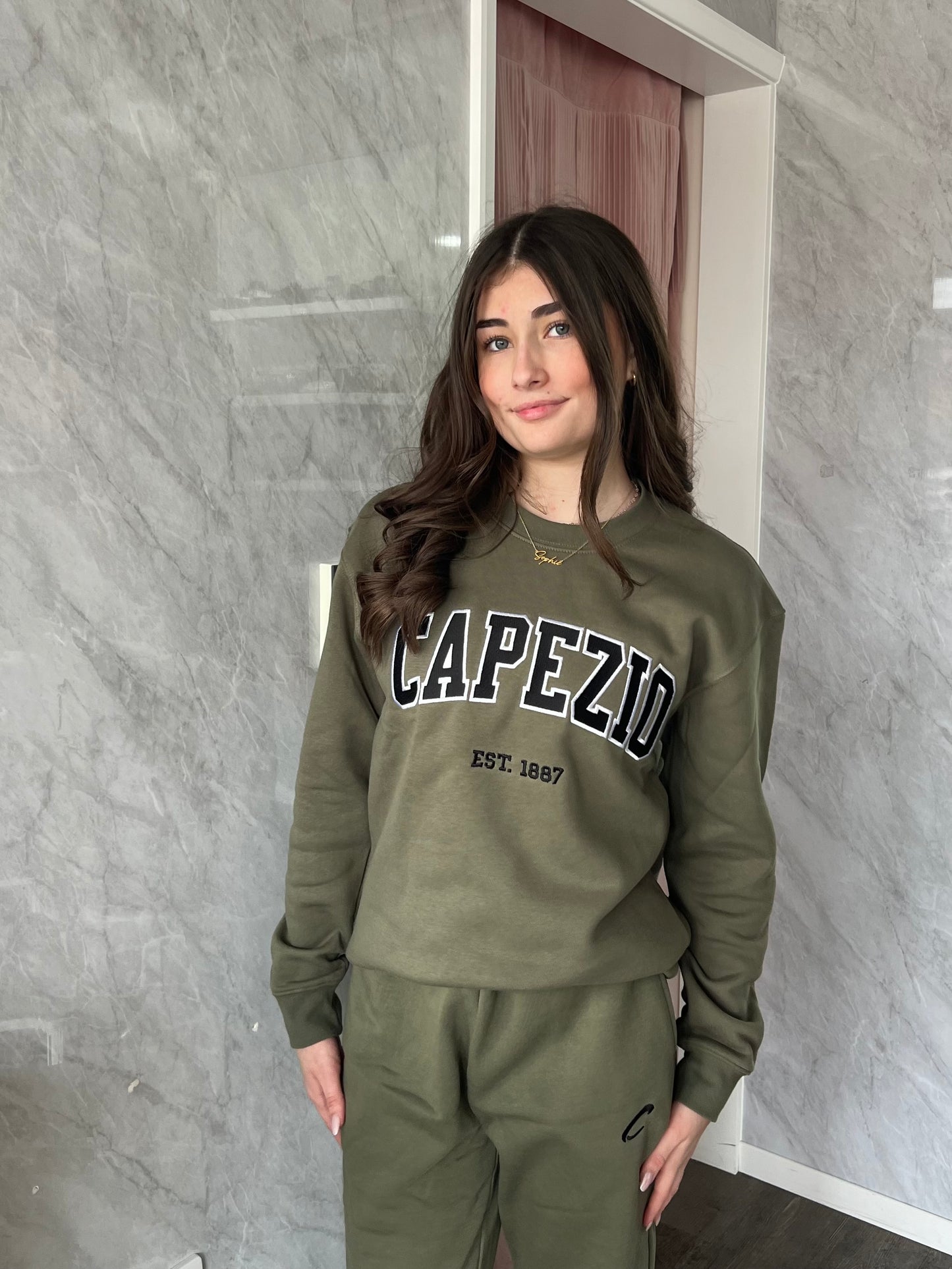 Capezio Sweatshirt Sweatpants Joggers Varsity Style Olive Unisex Embroidered Logo Tracksuit