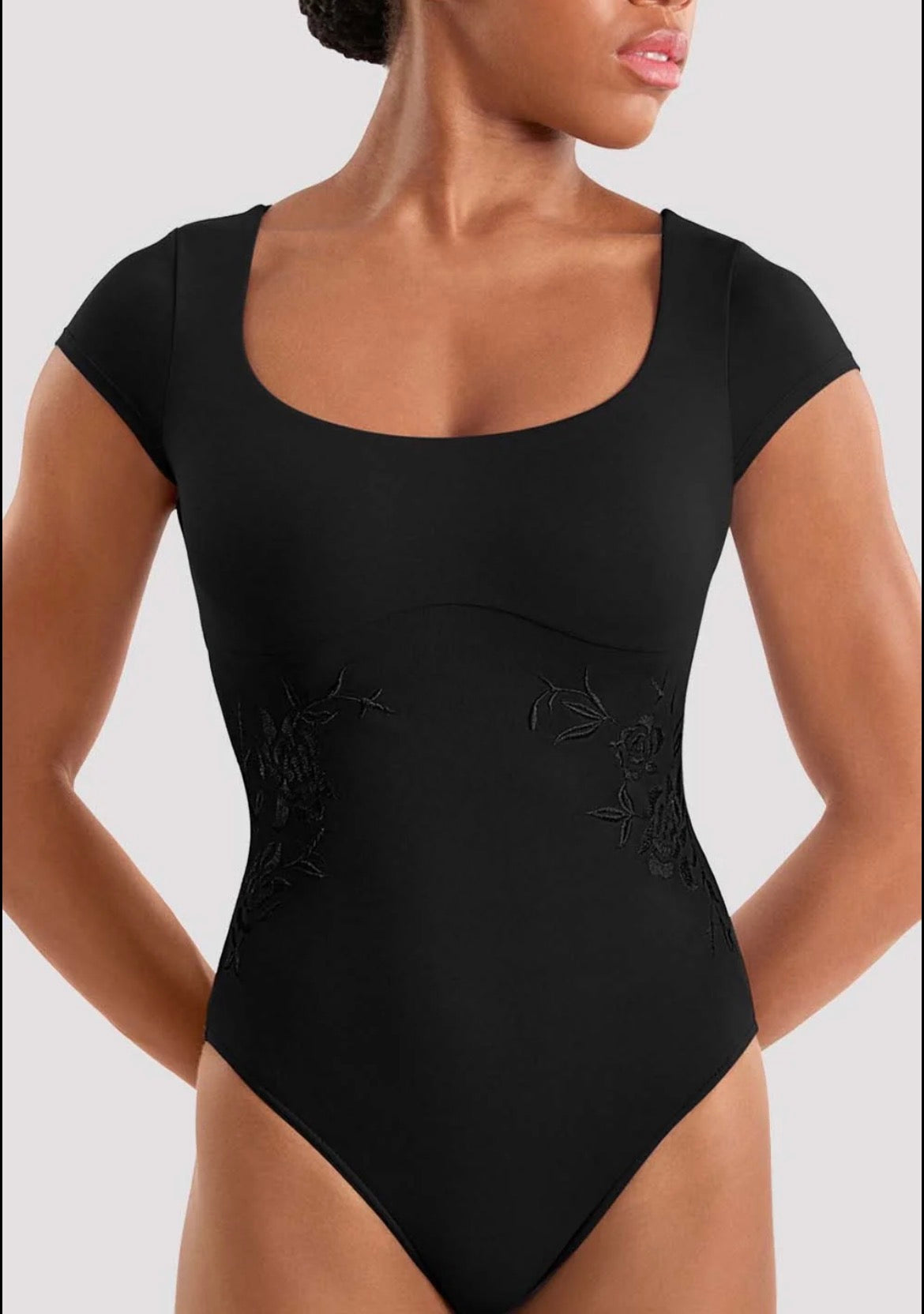 Mirella Ladies Floral Cap sleeve Leotard - Black