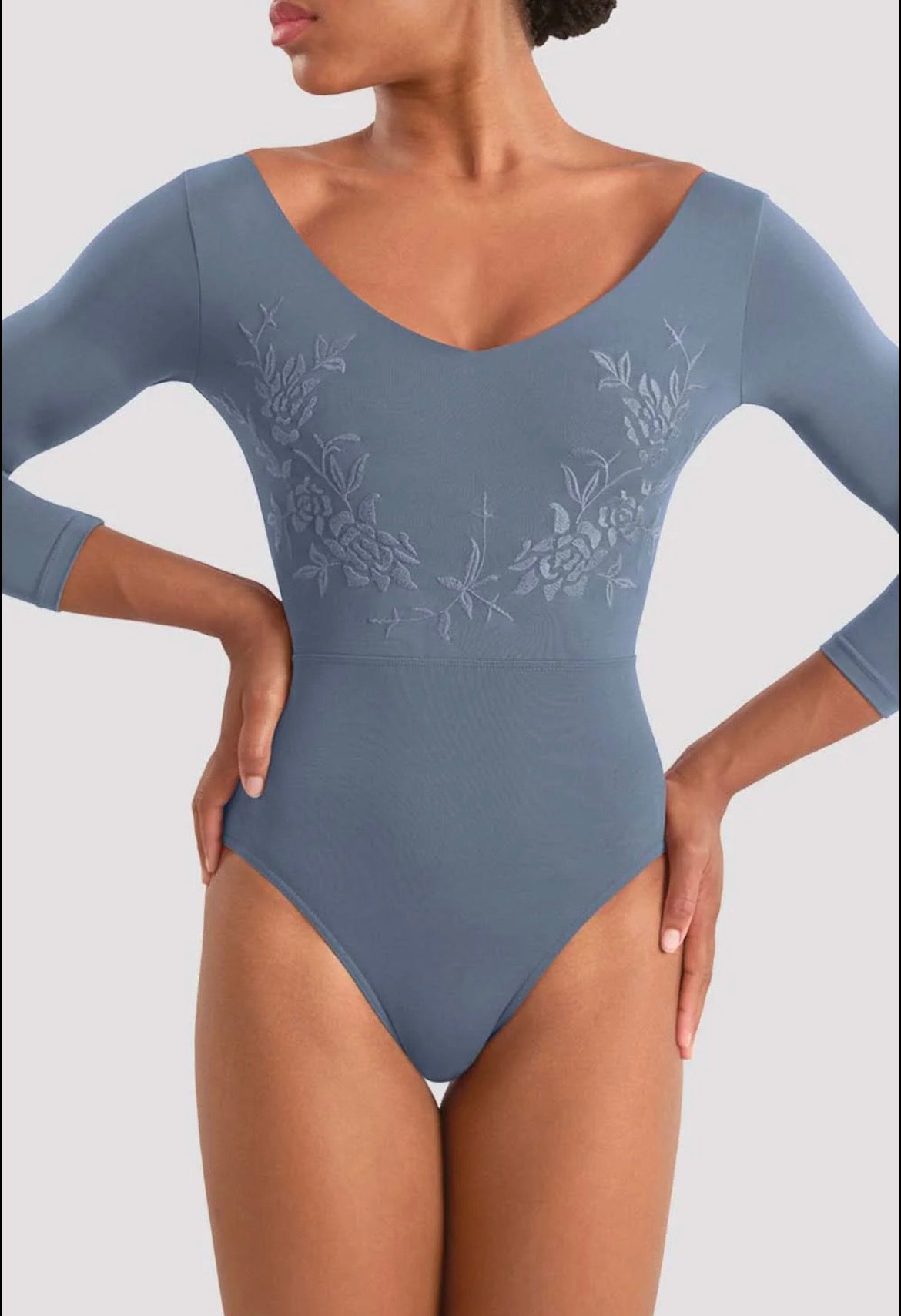 Mirella Ladies v neck three quarter sleeve Leotard - Dusty Grey