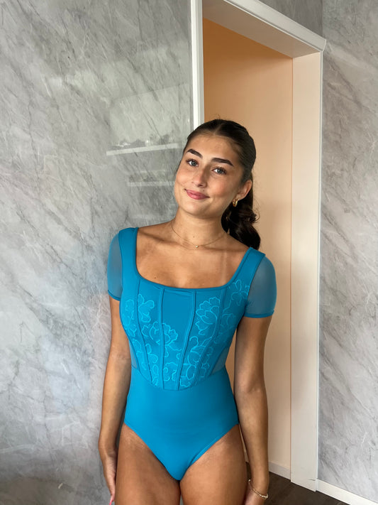 Bloch Embroidered Cap Sleeve Leotard “Olivia” - Cerulean Blue